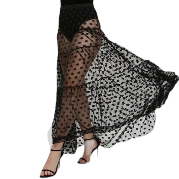 Black Polkadot Sheer Panel A-line Maxi Skirt -NEW - Picture 2 of 4